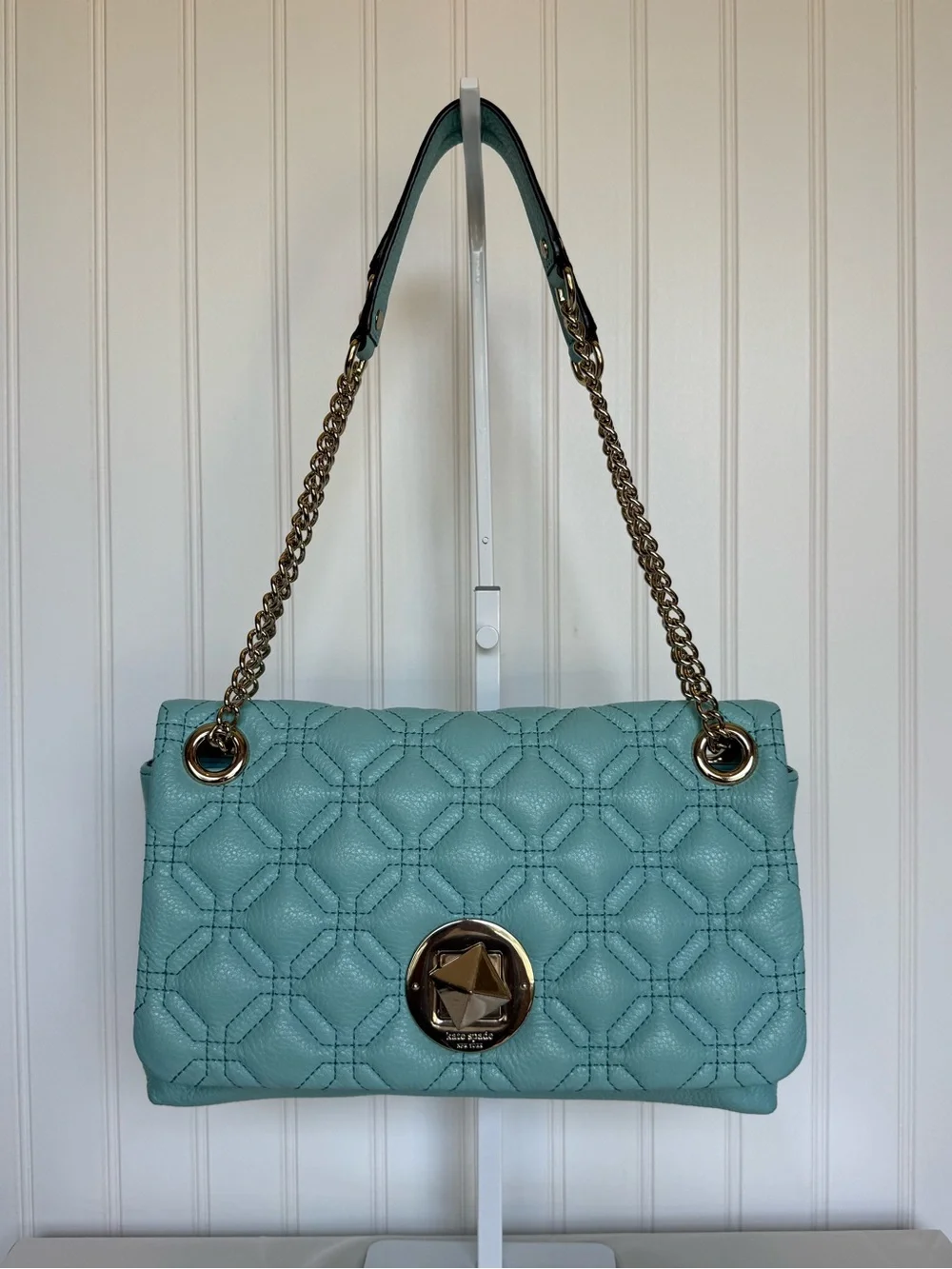 Kate Spade New York Blue Pebbled Leather Quilted Chain Shoulder Bag COA